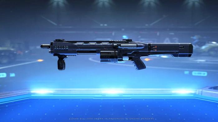 The Bulldog shotgun in Halo Infinite, viewed in the weapon bench customization center.