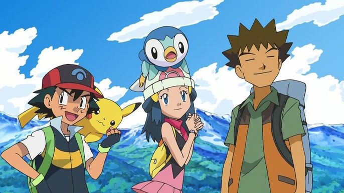 Ash with Brock and Dawn in the Pokemon anime.