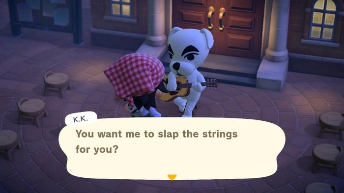 A player requesting a song from KK Slider at the Town Hall's Plaza in Animal Crossing: New Horizons.