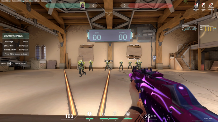 Valorant player aiming with a glasses crosshair at practice bots.