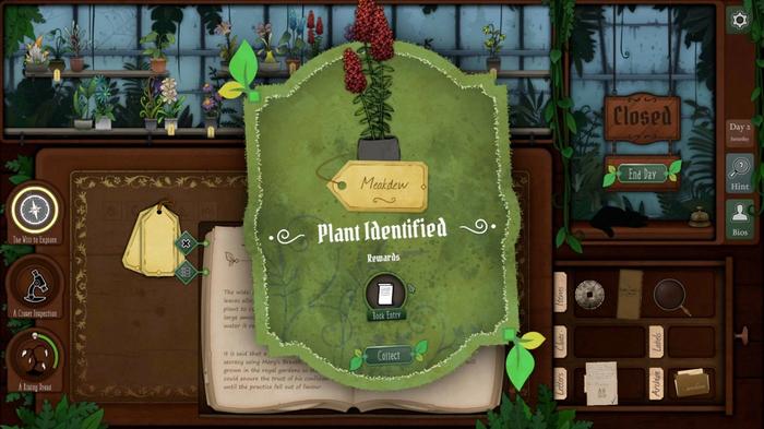 The 'Plant Identified' menu in Strange Horticulture.