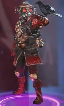 Bloodhound wearing a red skin and carrying their raven on their arm.