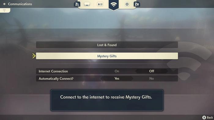 The Mysery Gift function shown on the main menu in Pokémon Legends: Arceus.