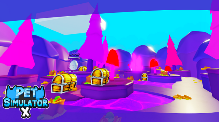 Artwork for Pet Simulator X featuring a purple layout of the in-game visuals along with various chests and treasures.