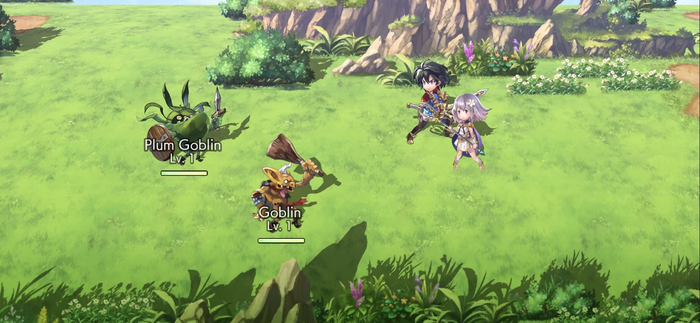 Screenshot from Another Eden, showing two characters running into battle against goblins
