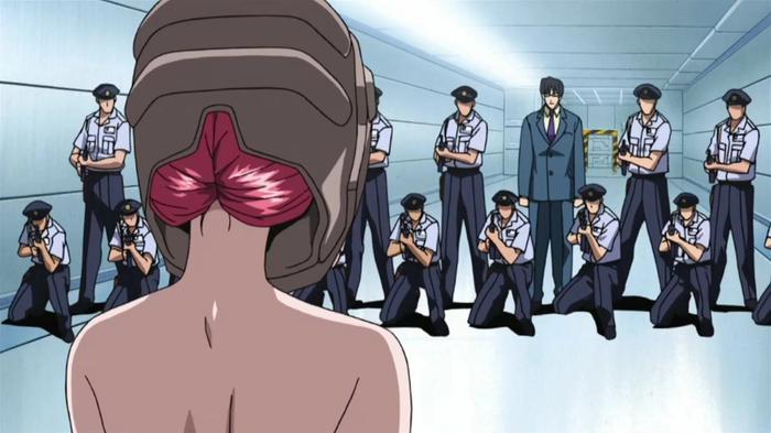 A character with guns pointed at her in Elfen Lied.