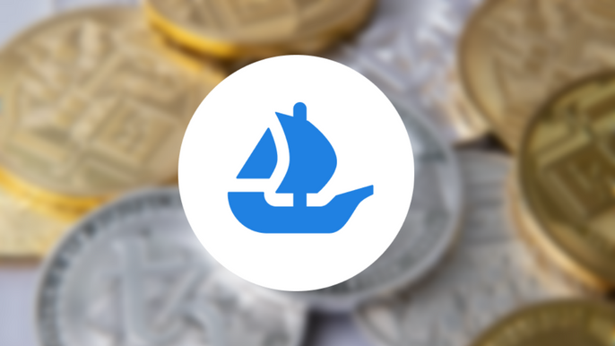 OpenSea logo over a blurred images of cryptocurrency coins and tokens.