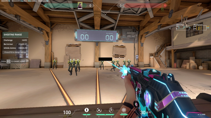 Valorant player aiming at practice bots with censor crosshair.