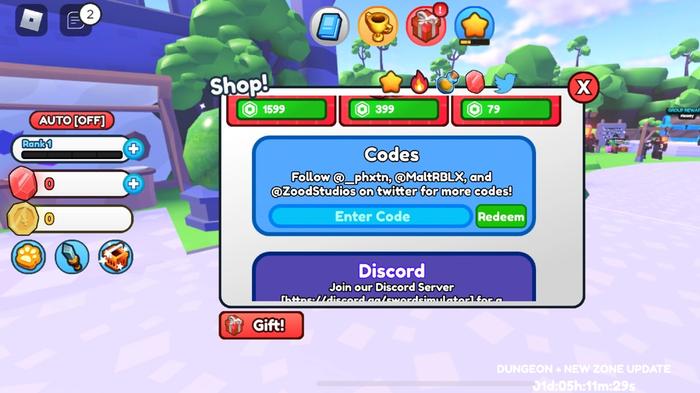 Image of the Sword Simulator code redemption screen.