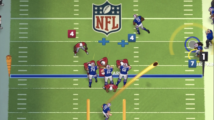 Screenshot from NFL Clash, showing several football players barging into one another on a green pitch