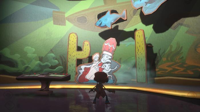 Raz stands in front of the Diorama in the Fatherland Follies section of Psychonauts 2.