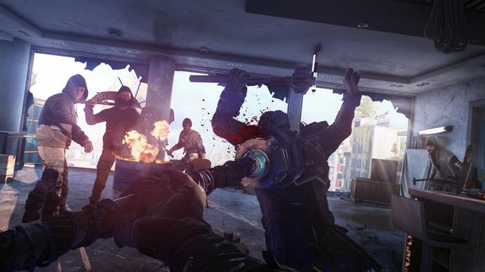Aiden strikes an enemy with a two handed weapon, sending them flying back towards an open window