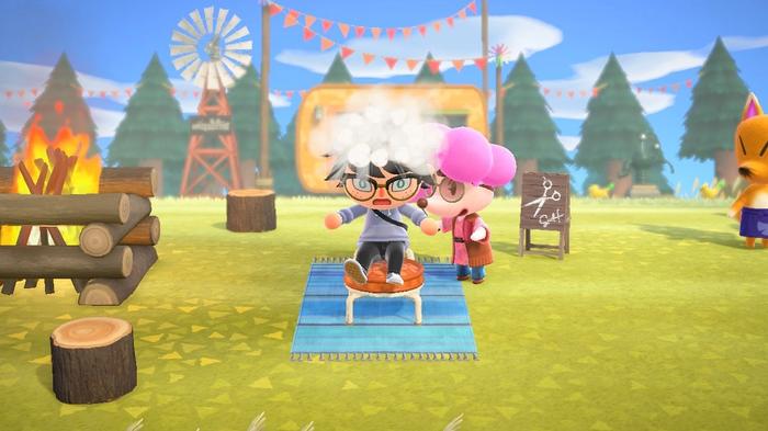 A player having their hair changed by Harriet the poodle, previous owner of Shampoodle and long time friend of Harv's, in Animal Crossing New Horizons.