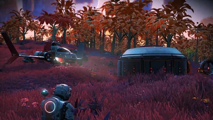 A player looks toward their base and Starship on a tropical planet in No Man's Sky.