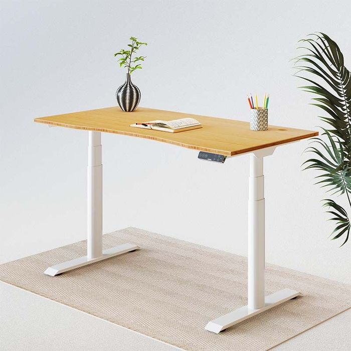 FlexiSpot E8 Standing Desk - White Frame, Pine Desktop. Beige carpet underneath, white background. Plant on tabletop in black and white vase on left of desktop, open notebook with pen on top in the middle, pen pot on right side. Partially visible plant leaves on right-hand side of desk.