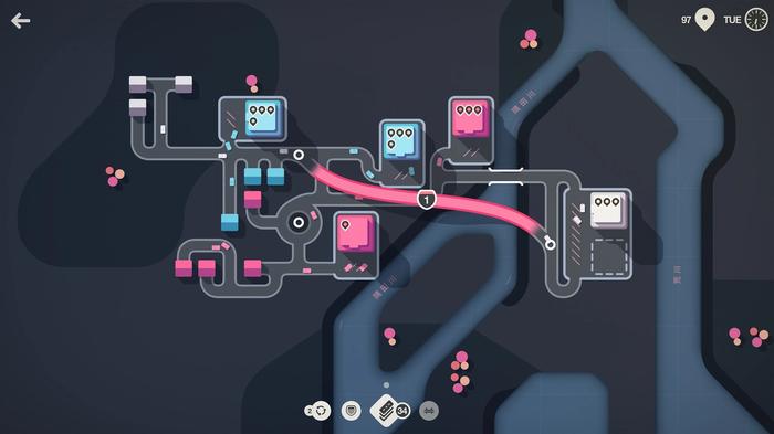 Screenshot from Mini Motorways showing a city at night, with players placing new roads, highlighted in pink.