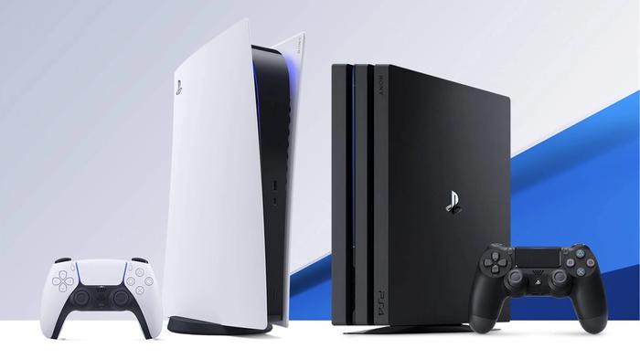 A PlayStation 5 console next to a PlayStation 4 console.