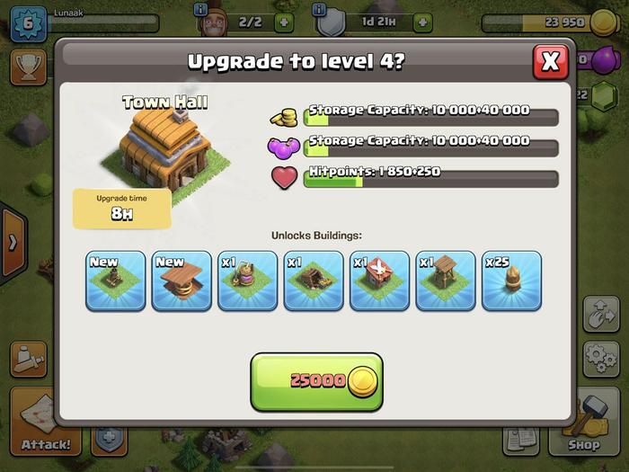 The upgrade screen for the Town Hall building in Clash of Clans.