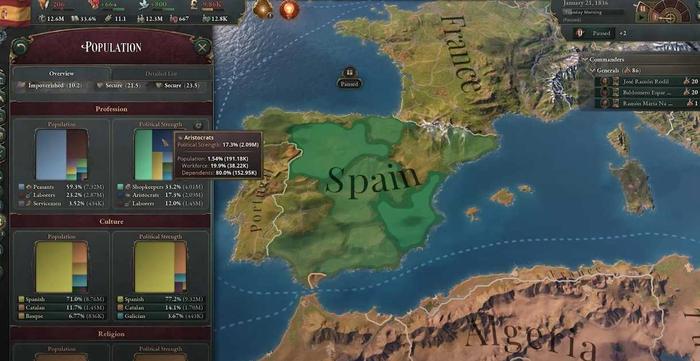 The map of Spain in an ongoing Victoria 3 save.