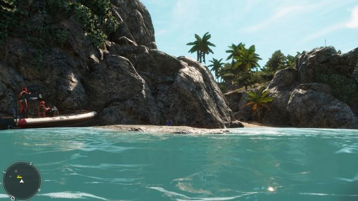 Far Cry 6's Dead Drop Operation: The beach you will make your escape to, with Castillo's soldiers waiting nearby.