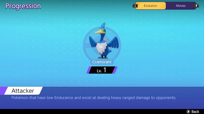 The progression screen showing at what level Pokémon Unite Cramorant evolves.