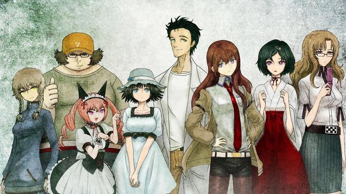 Steins;Gate's ensemble cast stood together against a light background