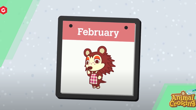 One of the Able Sisters is shown on a February calendar card for Animal Crossing New Horizons.