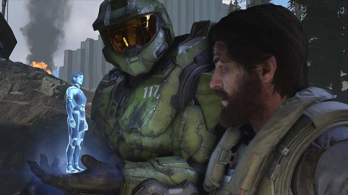 Master Chief and The Weapon talking to the Pilot in Halo Infinite.
