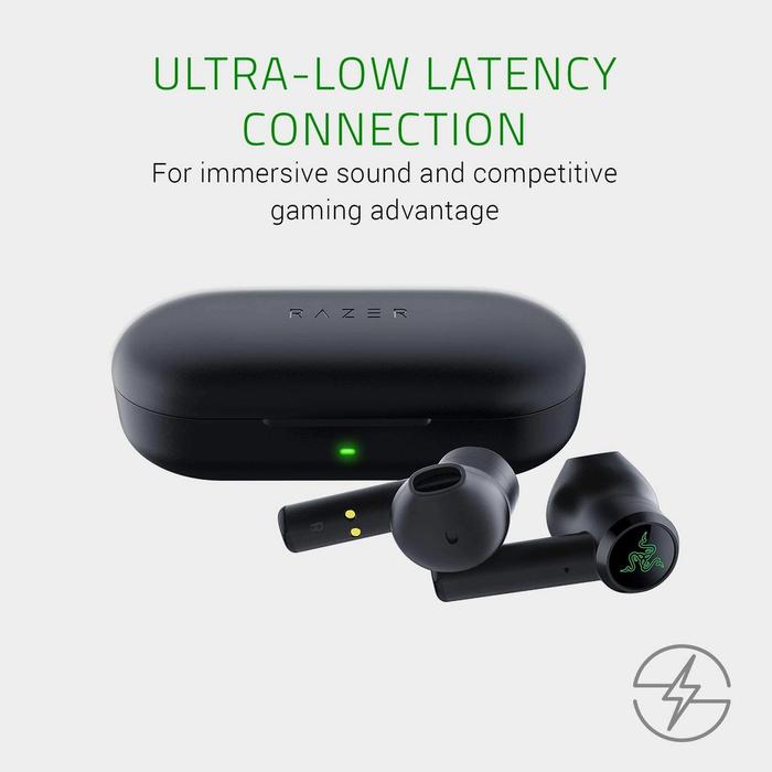 Promotional shot of the Razer Hammerhead True Wireless Earbuds featuring ultra-low latency bluetooth connection for gaming.