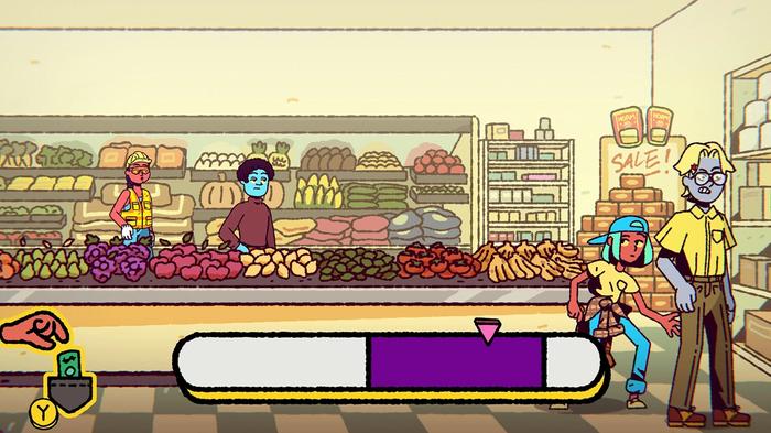 The Big Con game. Screenshot inside a grocery store, Ali's attempting to pickpocket a staff member, pickpocket gameplay bar is on screen.