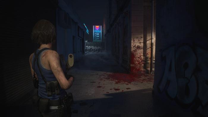 Jill in an alleyway in Resident Evil 3.