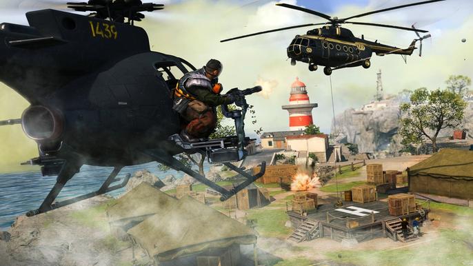 Image showing Warzone players flying near stationary helicopter