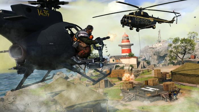 Image showing Warzone players flying near stationary helicopter