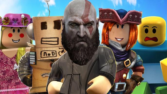 Kratos' head on a Roblox character, in reference to the father helping his daughter on Adopt Me.