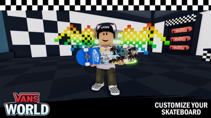 A Roblox skater holding his skateboard.