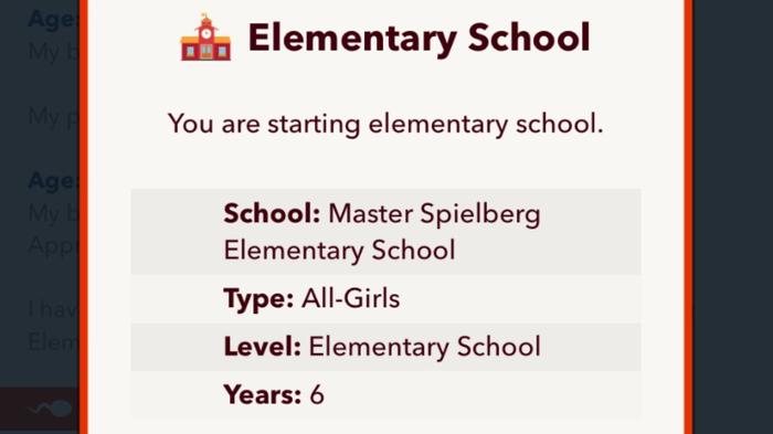 Screenshot from BitLife, showing the character joining elementary school