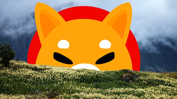 Shiba Inu logo on a field in a valley with clouds above