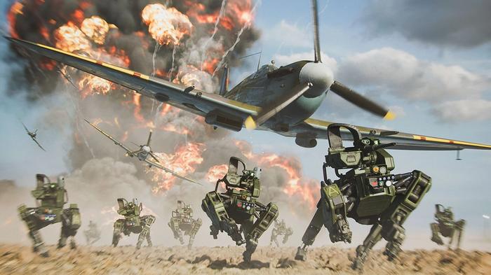 Drones and machinery shower the battlefield.