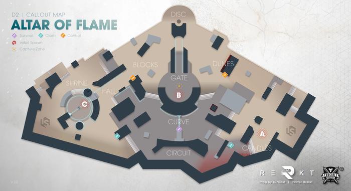 Callout map for Destiny 2 Alter of Flame map, created by the artist Relikt.