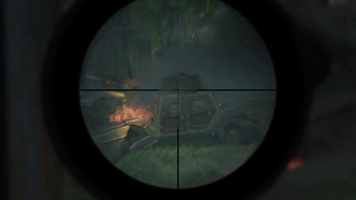 Image of the tank through a sniper scope in The Last of Us Part I.