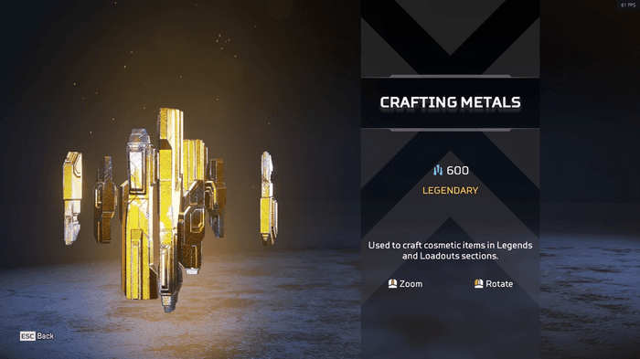Screenshot of legendary crafting metals in apex legends, bright gold.