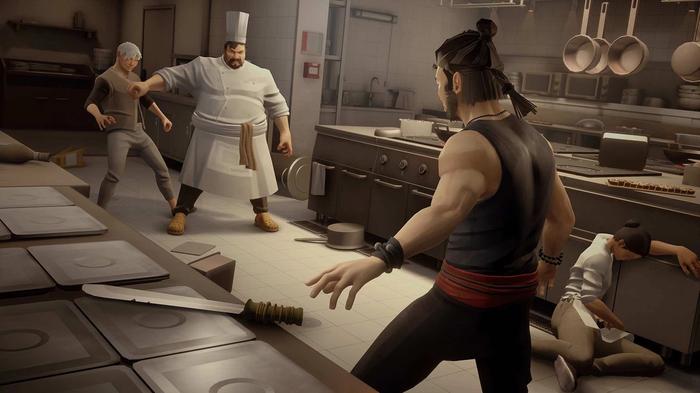 Sifu's protagonist squares up to a terrifying-looking giant chef. He's gonna need the knife that sits on the counter next to him.