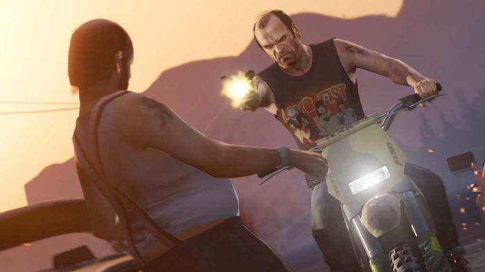 Trevor from GTA 5 shoots a bystander while driving a motorbike.