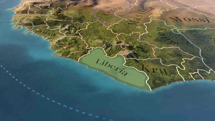 The map in Victoria 3 showing the coast of Liberia.