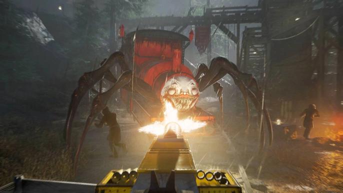 The player firing a turret gun at an evil train in Choo Choo Charles.
