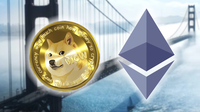 Dogecoin and Ethereum logos in front of a bridge.