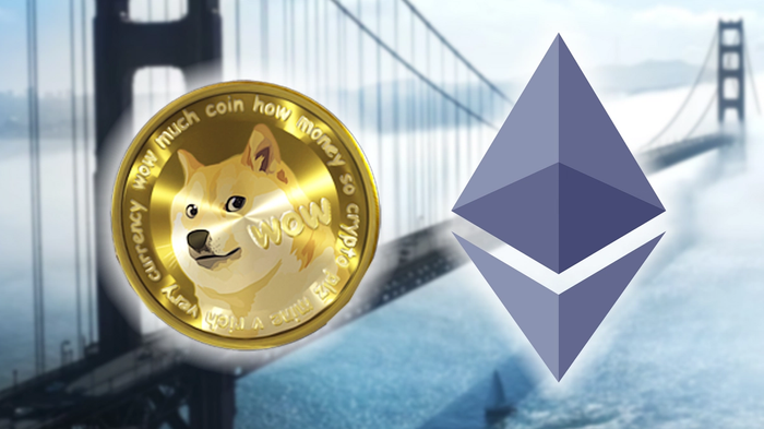 Dogecoin and Ethereum logos in front of a bridge.