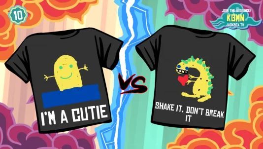 Two T-shirts, each with abominations on them. The left one has the slogan, 'I'm a cutie', while the other has 'Shake it, don't break it'