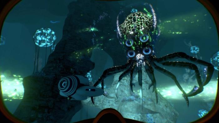 A dark underwater setting with a luminous octopus in Subnautica.