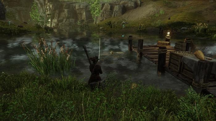 A player fishing in a small lake, by a small pier.